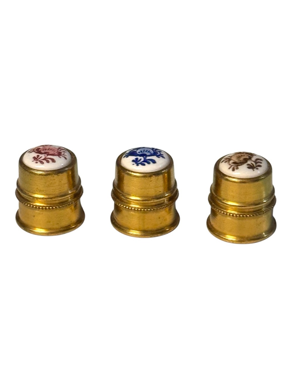 Delft 3 Pc 80’s Brass & Porcelain Hand Painted Flower Top Thimbles from Holland